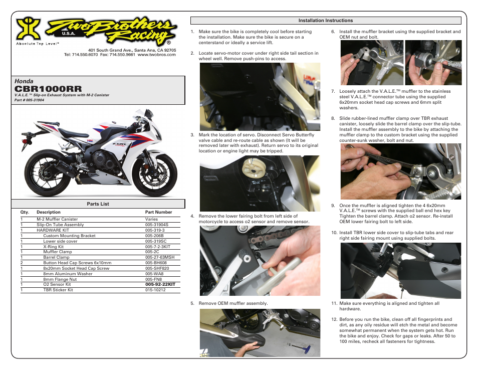 Two Brothers Racing Honda CBR1000RR User Manual | 2 pages