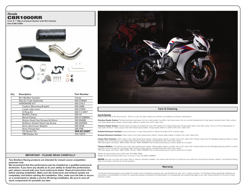 Cbr1000rr, Honda | Two Brothers Racing Honda CBR1000RR User Manual | Page 2 / 2