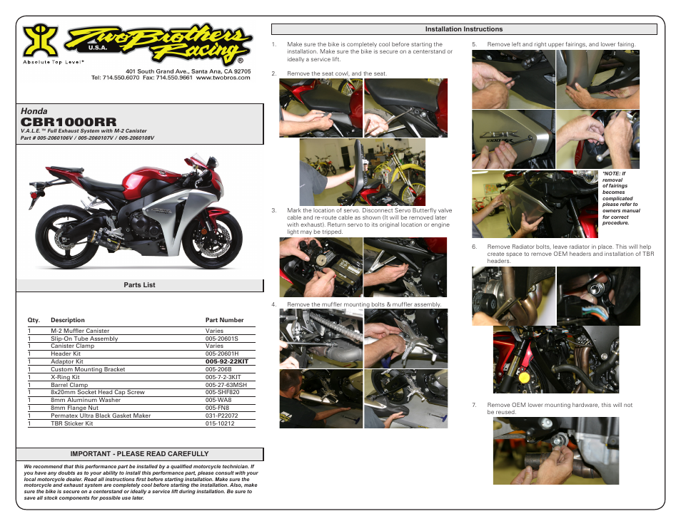 Two Brothers Racing Honda CBR1000RR User Manual | 3 pages