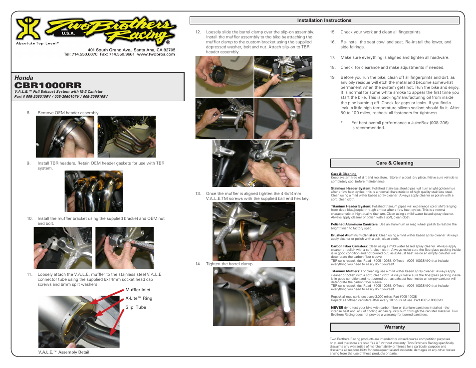 Cbr1000rr, Honda | Two Brothers Racing Honda CBR1000RR User Manual | Page 2 / 3