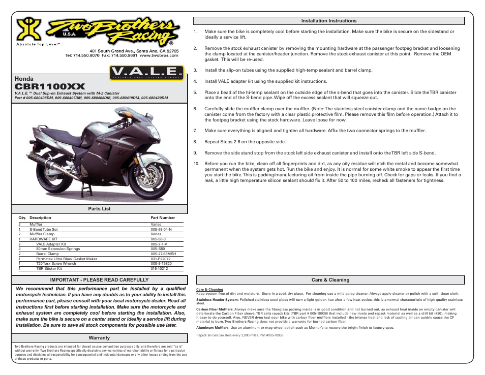 Two Brothers Racing Honda CBR1100XX User Manual | 1 page