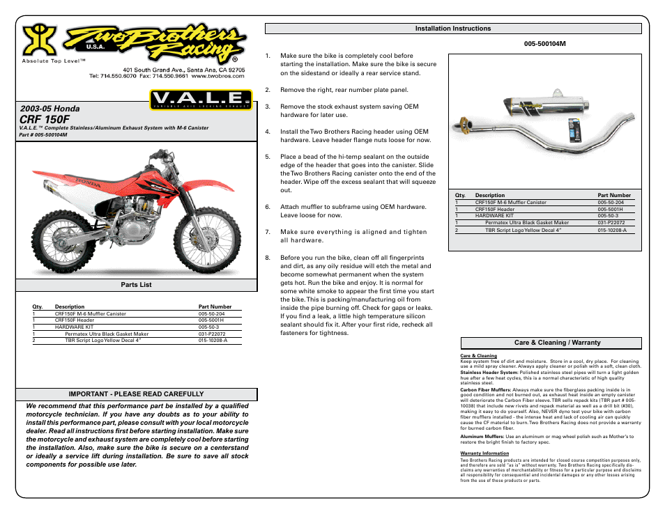 Two Brothers Racing Honda CRF150F User Manual | 1 page