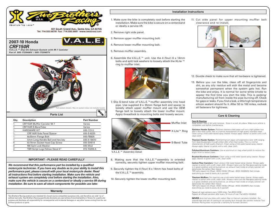 Two Brothers Racing Honda CRF150F User Manual | 2 pages