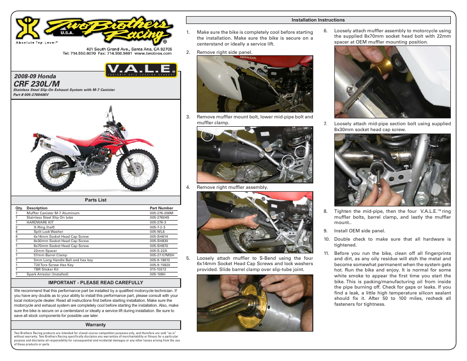 Two Brothers Racing Honda CRF230L/M User Manual | 2 pages