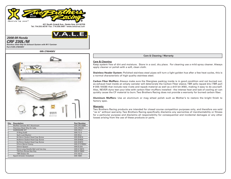 V.a.l.e, Crf 230l/m | Two Brothers Racing Honda CRF230L/M User Manual | Page 2 / 2