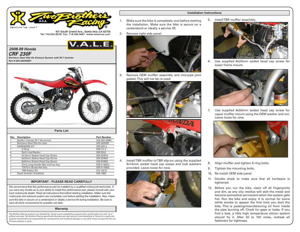 Two Brothers Racing Honda CRF230F User Manual | 2 pages