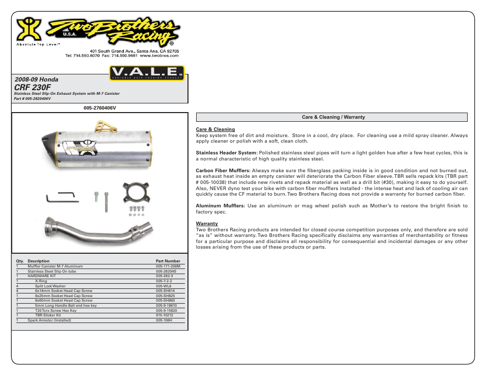 V.a.l.e, Crf 230f | Two Brothers Racing Honda CRF230F User Manual | Page 2 / 2