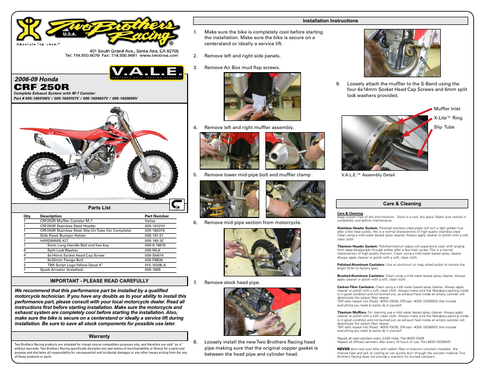 Two Brothers Racing Honda CRF250 User Manual | 3 pages