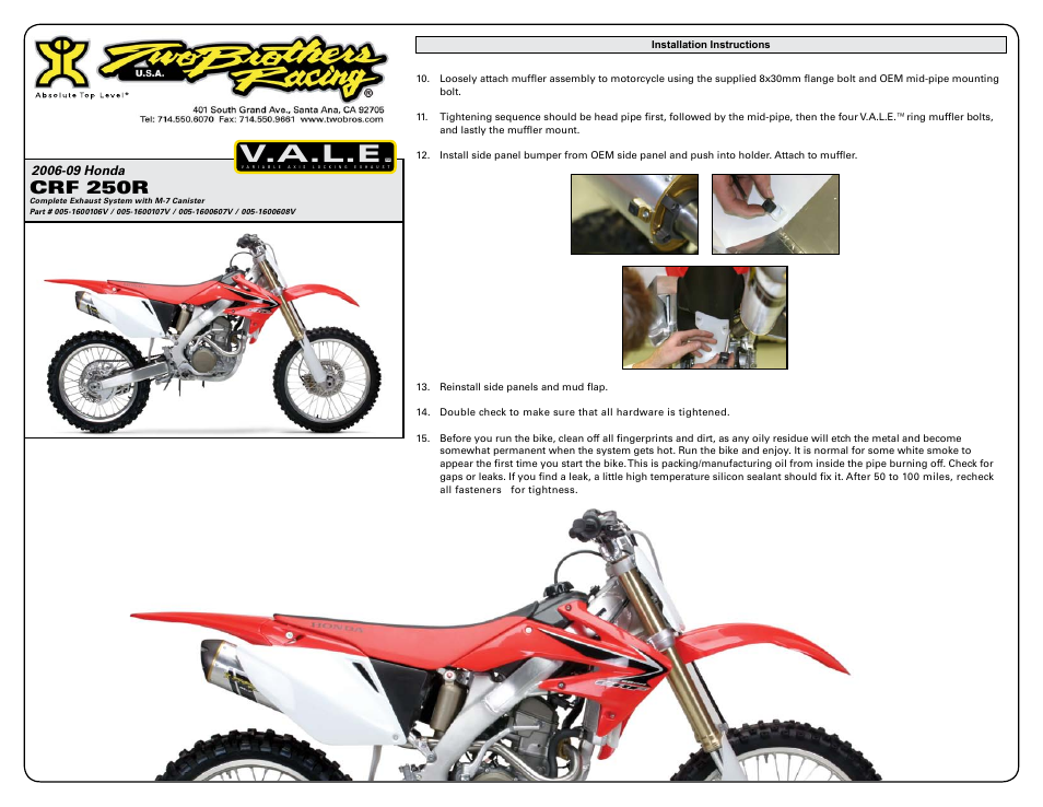 V.a.l.e, Crf 250r | Two Brothers Racing Honda CRF250 User Manual | Page 2 / 3