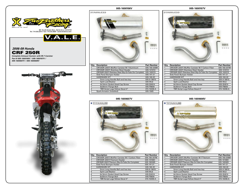 V.a.l.e, Crf 250r | Two Brothers Racing Honda CRF250 User Manual | Page 3 / 3