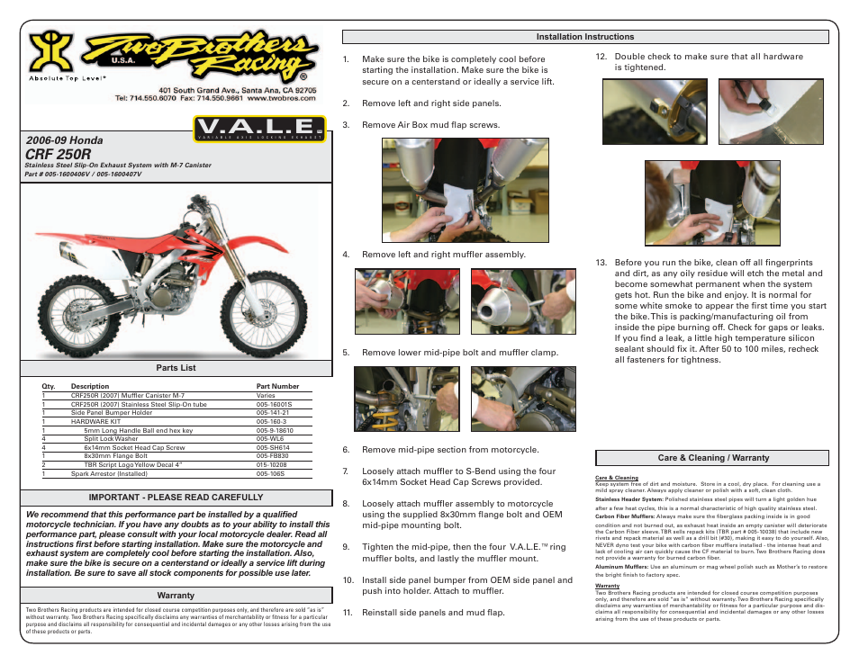 Two Brothers Racing Honda CRF250 User Manual | 2 pages