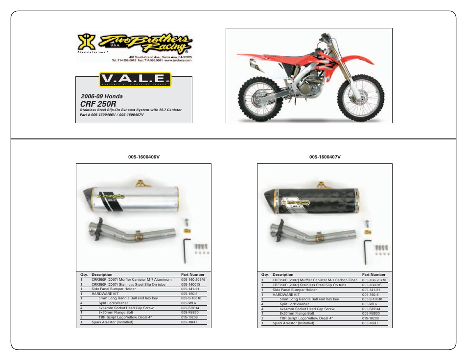 V.a.l.e, Crf 250r | Two Brothers Racing Honda CRF250 User Manual | Page 2 / 2