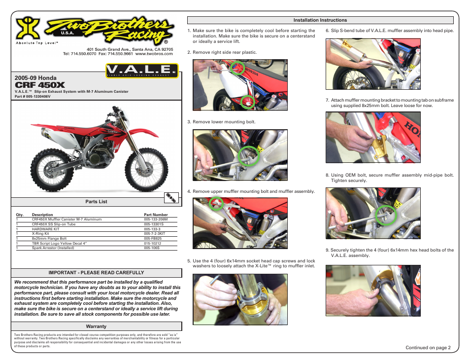 Two Brothers Racing Honda CRF450X User Manual | 2 pages