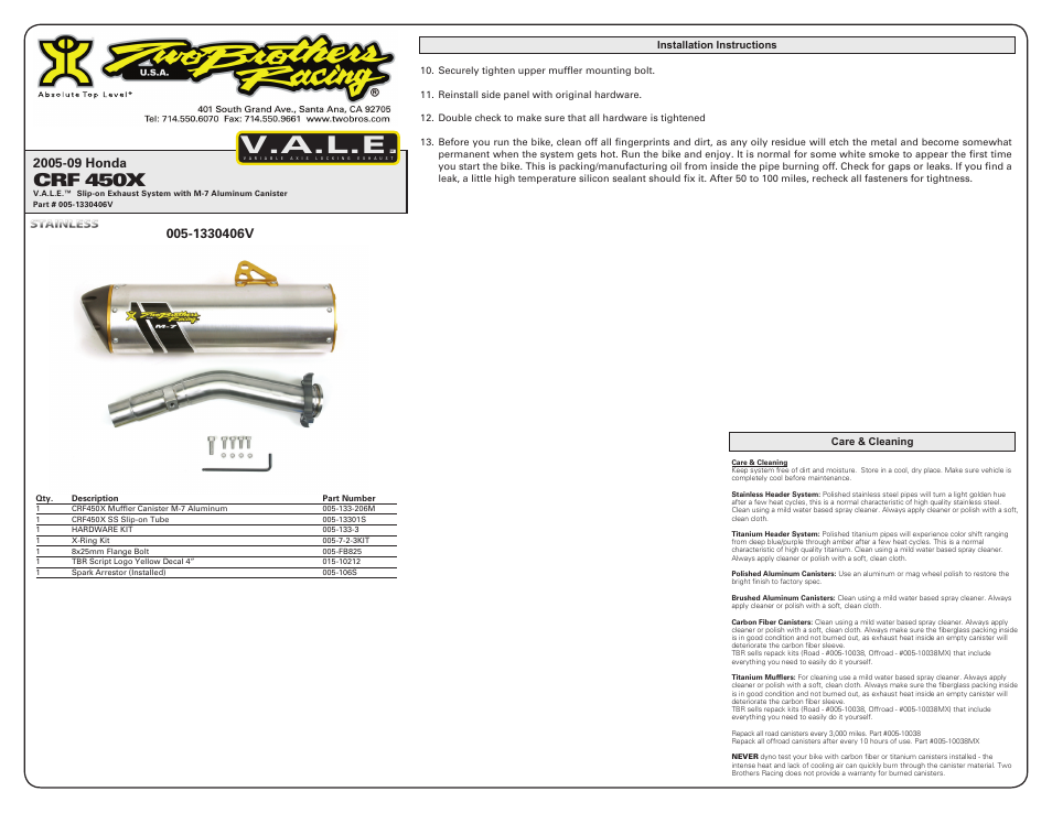 V.a.l.e, Crf 450x | Two Brothers Racing Honda CRF450X User Manual | Page 2 / 2