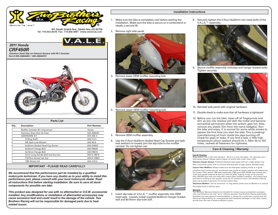 Two Brothers Racing Honda CRF450 User Manual | 1 page