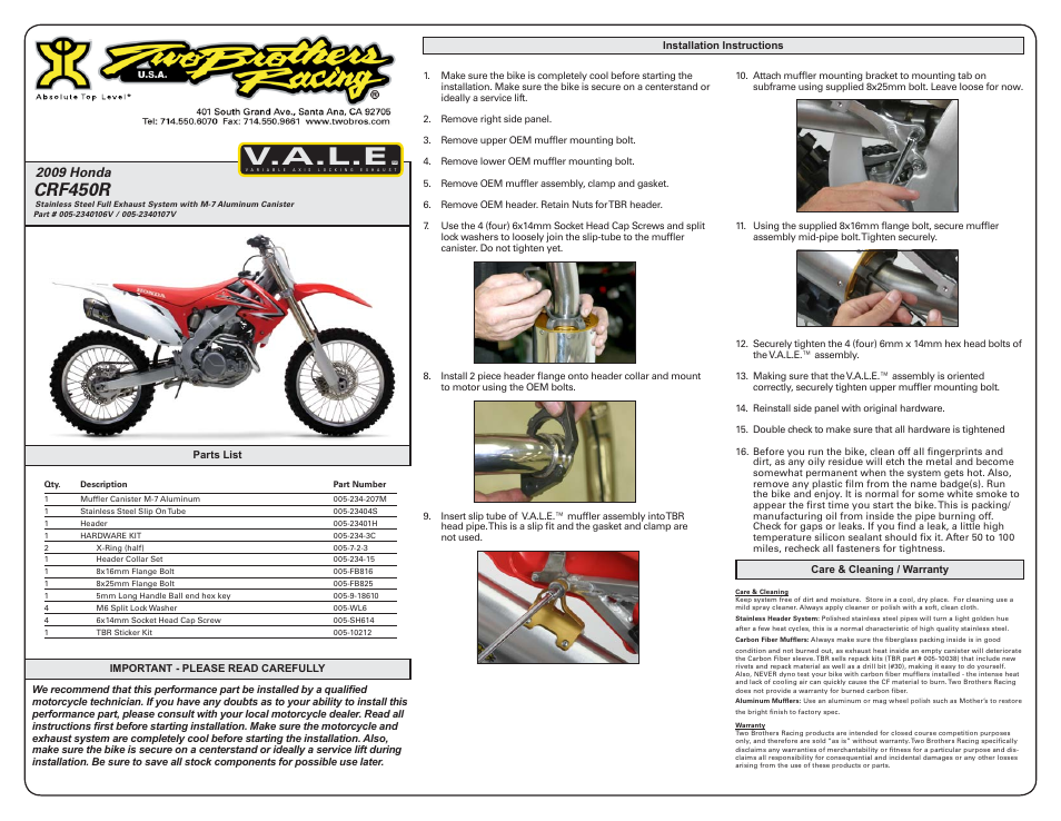 Two Brothers Racing Honda CRF450 User Manual | 2 pages