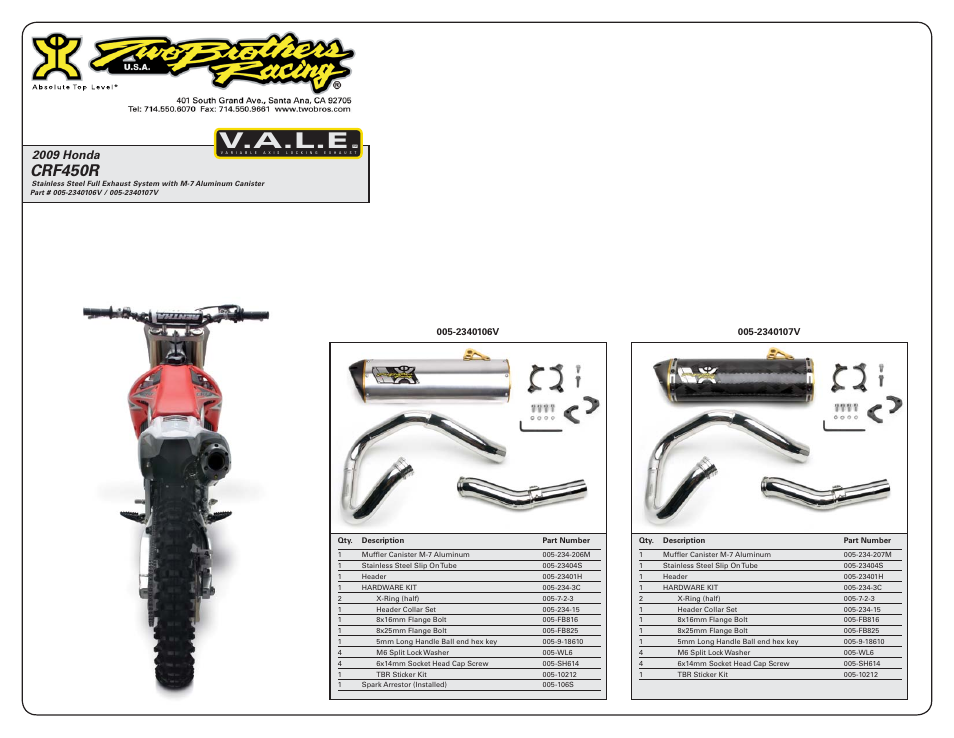 V.a.l.e, Crf450r, 2009 honda | Two Brothers Racing Honda CRF450 User Manual | Page 2 / 2