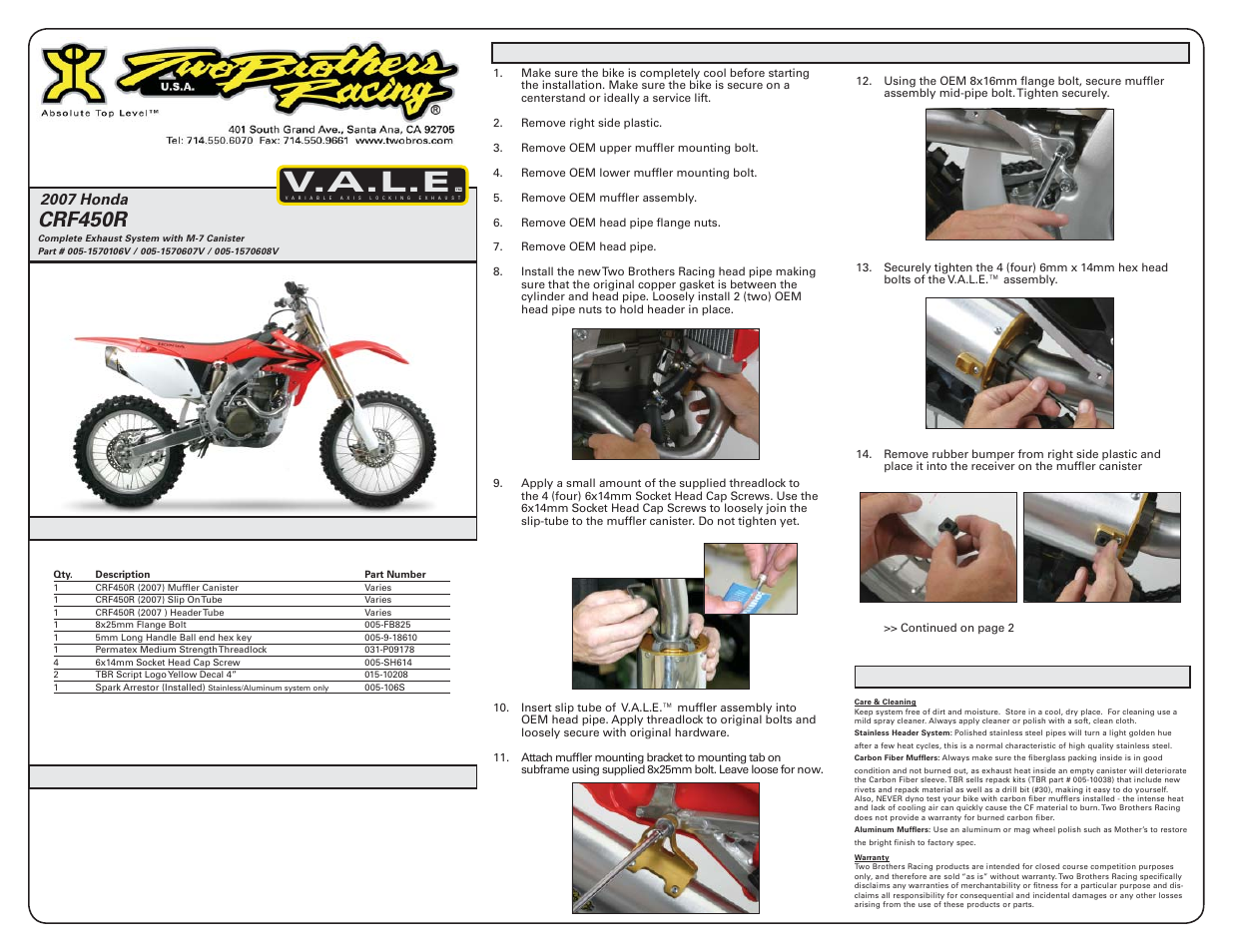 Two Brothers Racing Honda CRF450 User Manual | 3 pages