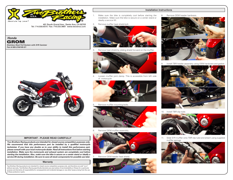 Two Brothers Racing Honda Grom User Manual | 2 pages