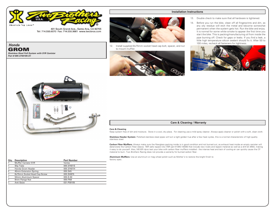 Grom, Honda | Two Brothers Racing Honda Grom User Manual | Page 2 / 2