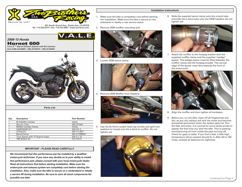 Two Brothers Racing Honda Hornet 600 User Manual | 2 pages