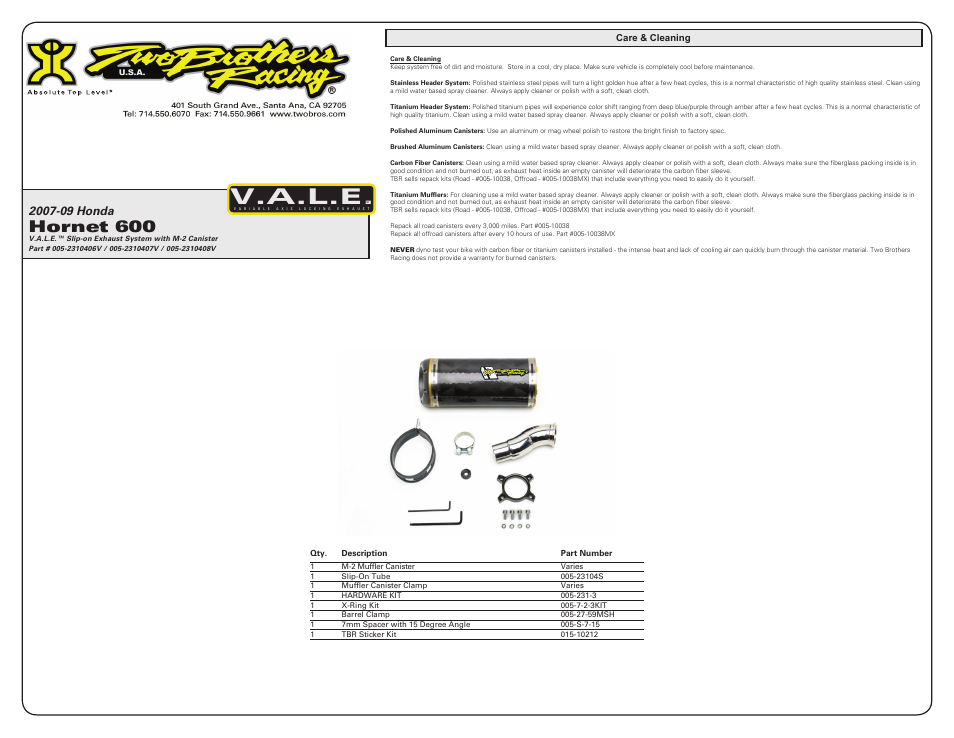 V.a.l.e, Hornet 600 | Two Brothers Racing Honda Hornet 600 User Manual | Page 2 / 2