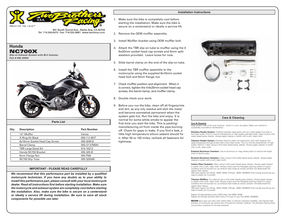 Two Brothers Racing Honda NC700X User Manual | 1 page