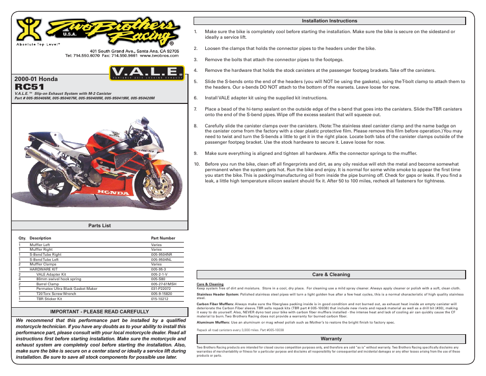 Two Brothers Racing Honda RC51 User Manual | 1 page
