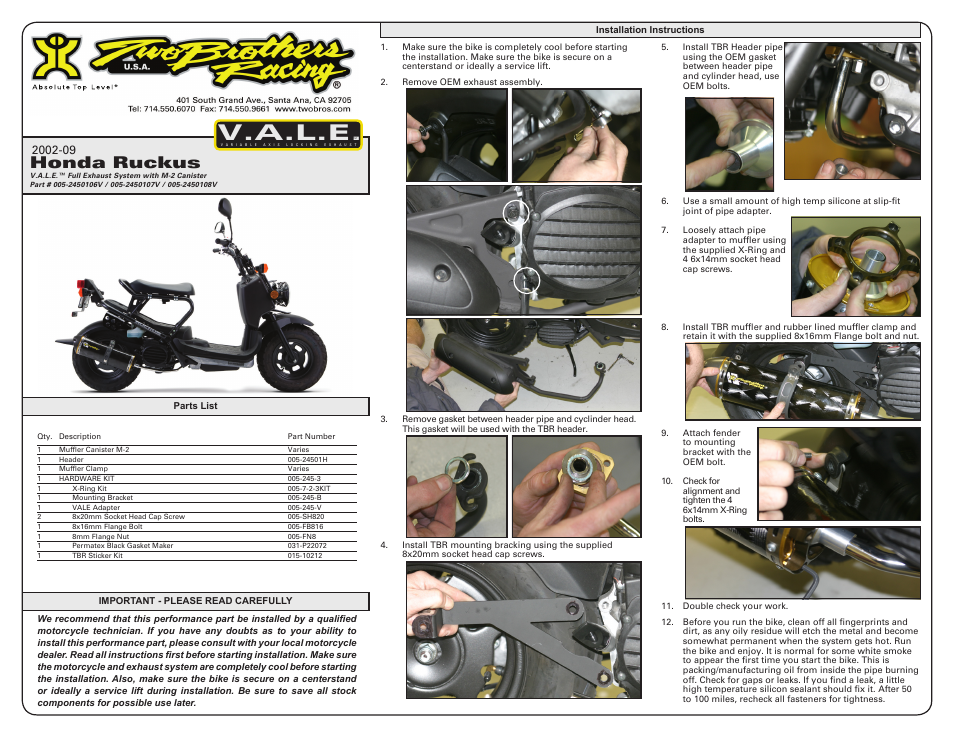 Two Brothers Racing Honda Ruckus User Manual | 2 pages