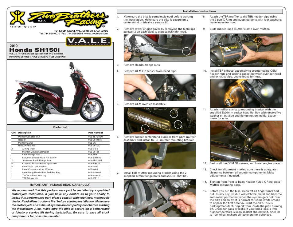 Two Brothers Racing Honda SH150i User Manual | 2 pages