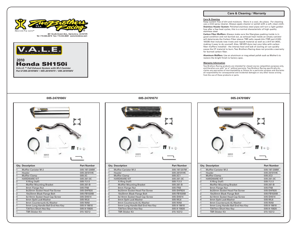 V.a.l.e, Honda sh150i | Two Brothers Racing Honda SH150i User Manual | Page 2 / 2