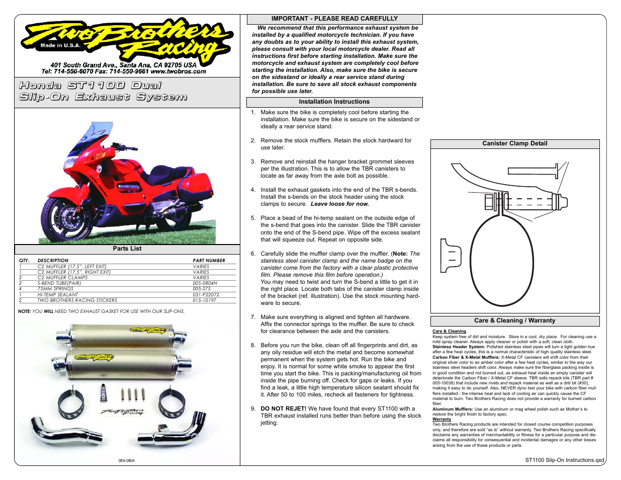Two Brothers Racing Honda ST1100 User Manual | 1 page