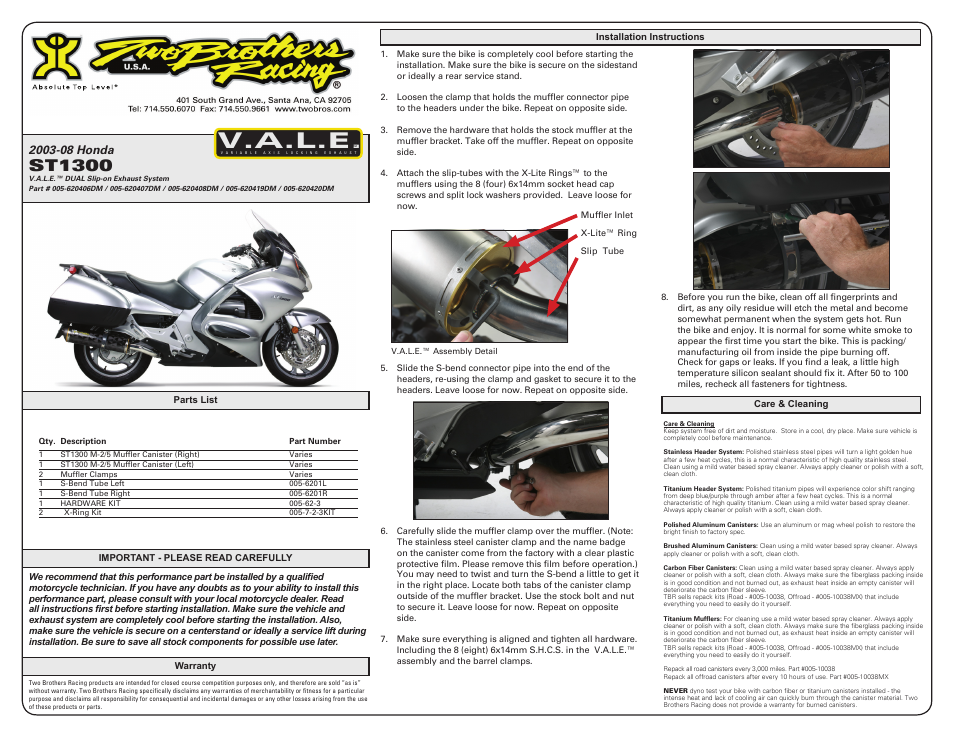 Two Brothers Racing Honda ST1300 User Manual | 2 pages