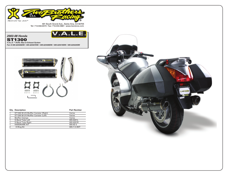 V.a.l.e, St1300 | Two Brothers Racing Honda ST1300 User Manual | Page 2 / 2