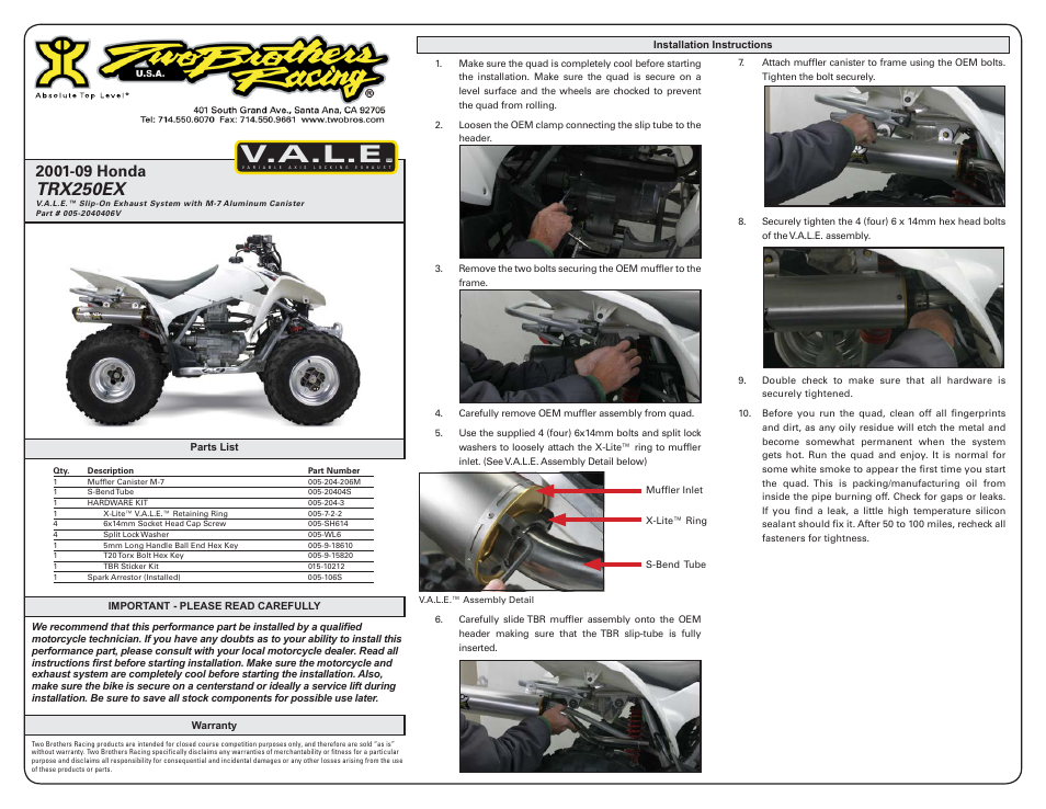 Two Brothers Racing Honda TRX250EX User Manual | 2 pages