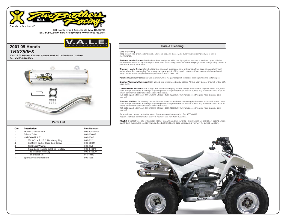 V.a.l.e, Trx250ex | Two Brothers Racing Honda TRX250EX User Manual | Page 2 / 2