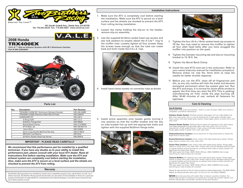 Two Brothers Racing Honda TRX400EX User Manual | 2 pages