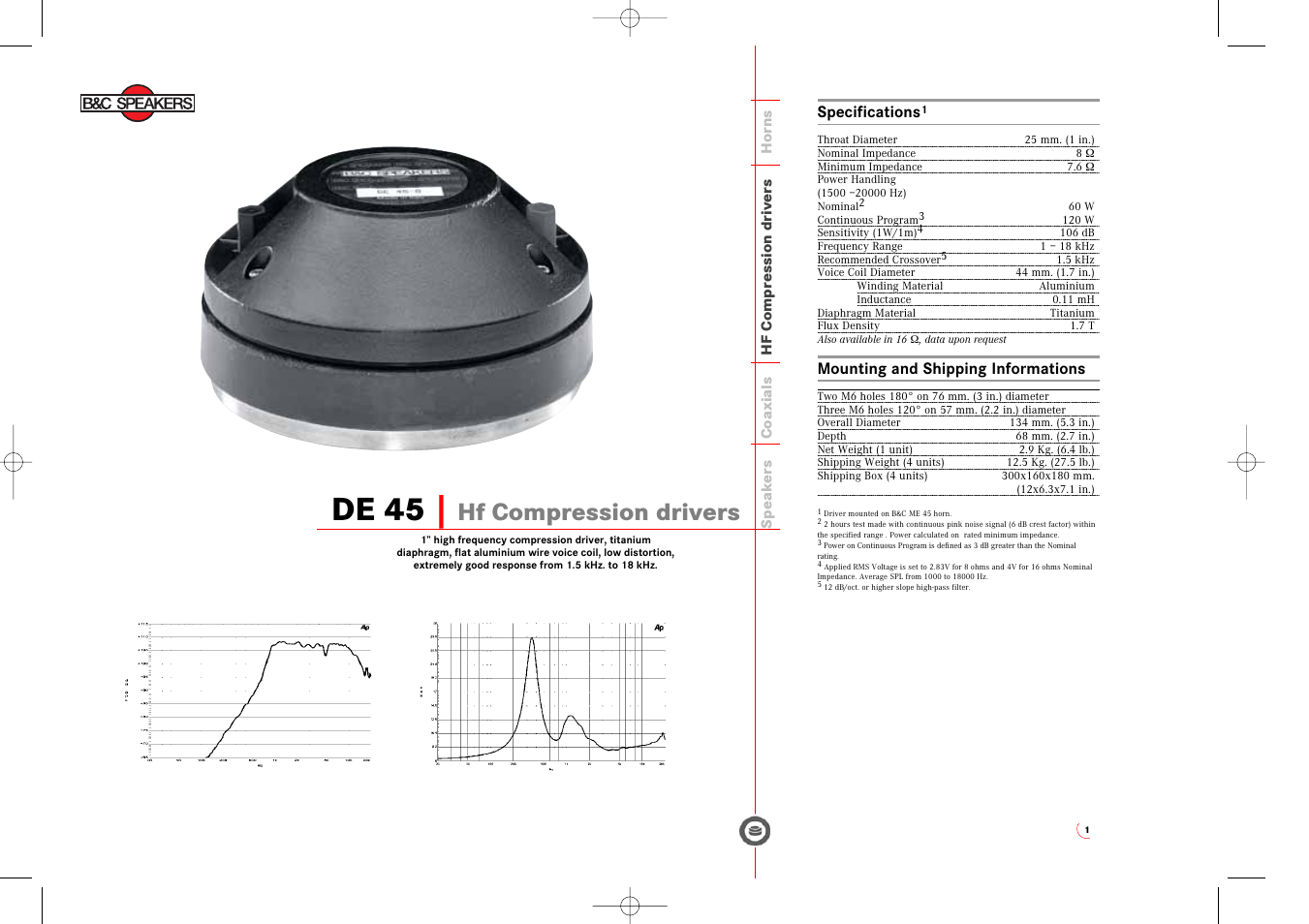 B&C Speakers Hf Compression Drivers DE 45 User Manual | 1 page