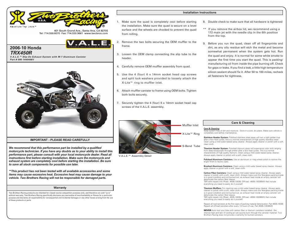 Two Brothers Racing Honda TRX450R User Manual | 2 pages