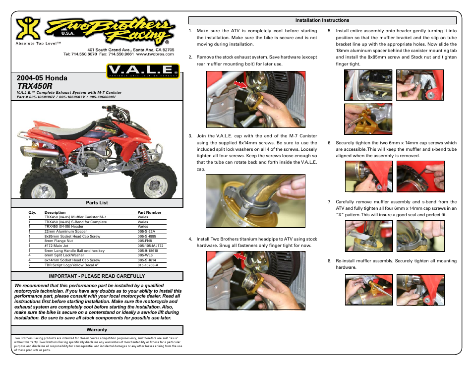 Two Brothers Racing Honda TRX450R User Manual | 3 pages