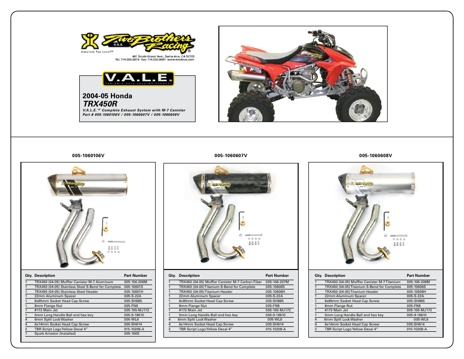 V.a.l.e, Trx450r | Two Brothers Racing Honda TRX450R User Manual | Page 3 / 3