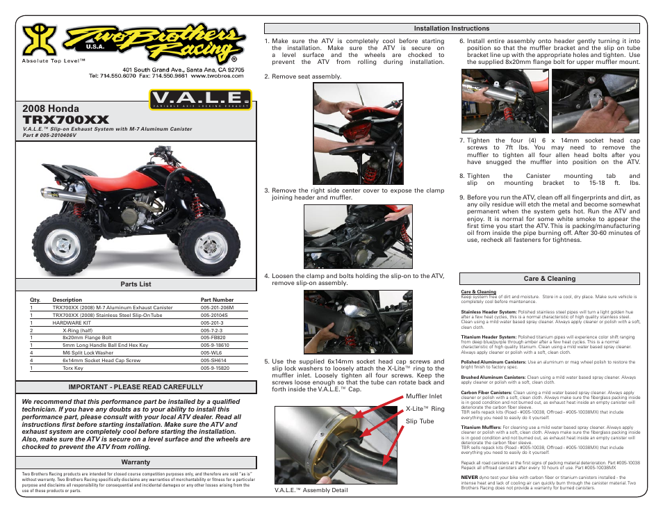 Two Brothers Racing Honda TRX700XX User Manual | 2 pages