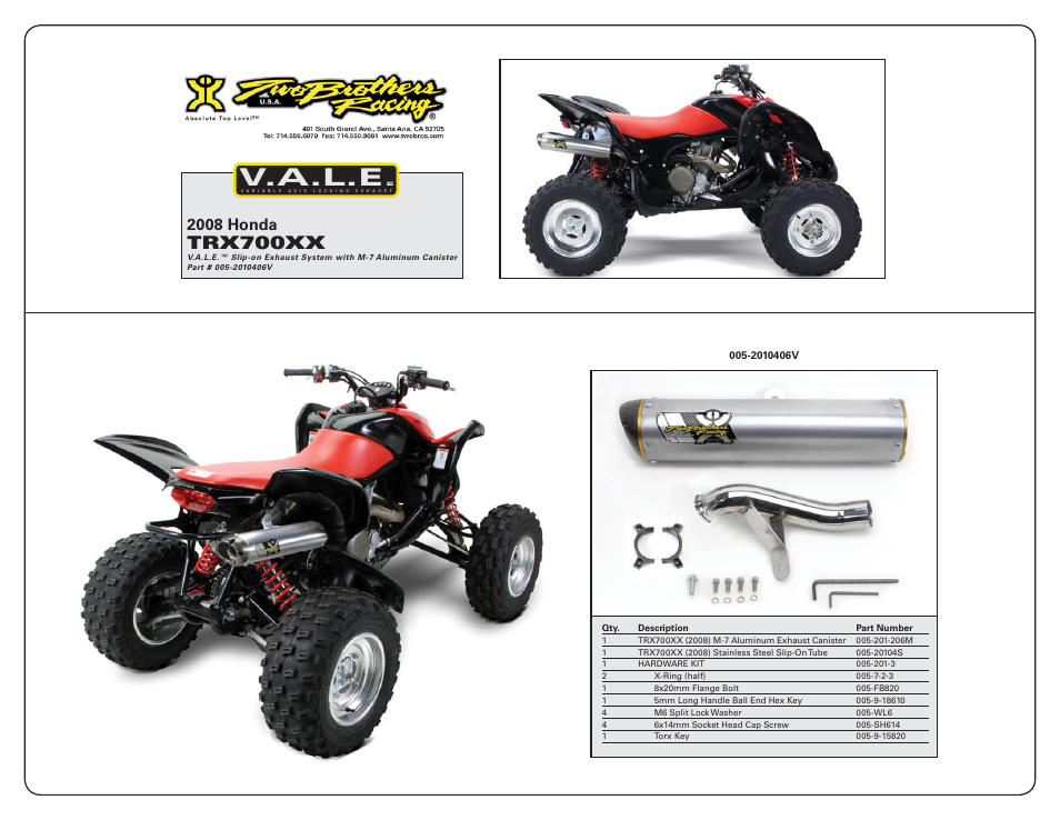 V.a.l.e, Trx700xx, 2008 honda | Two Brothers Racing Honda TRX700XX User Manual | Page 2 / 2