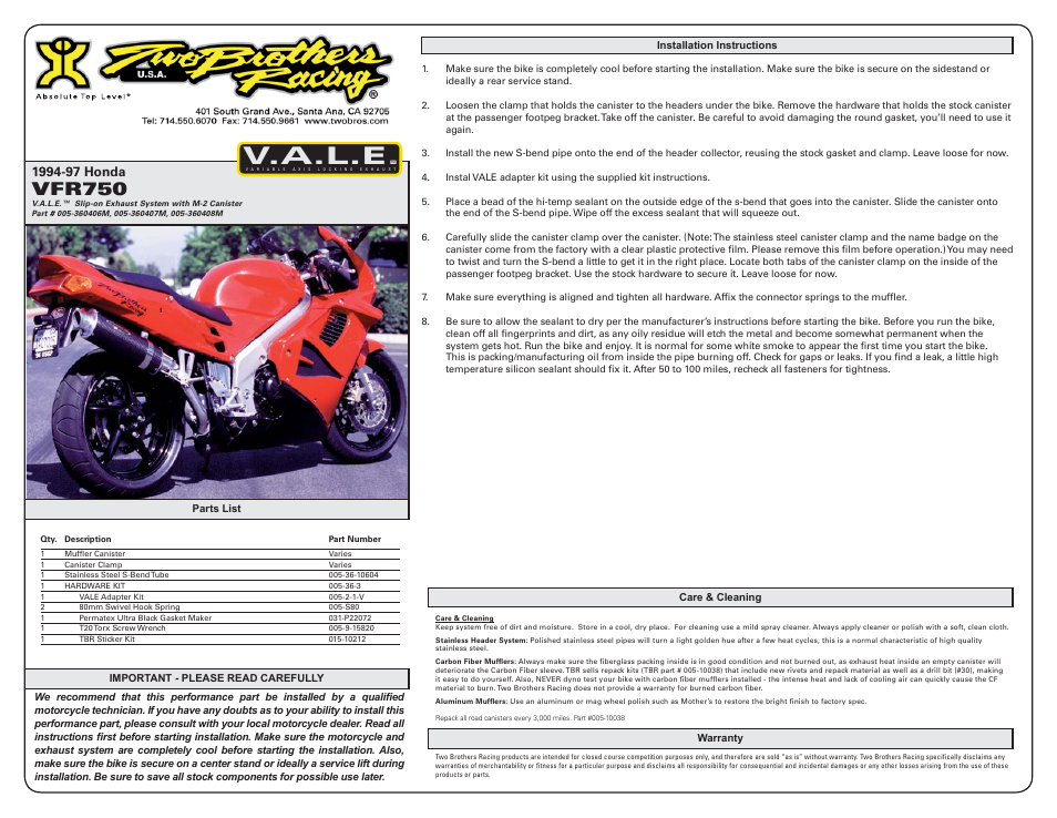 Two Brothers Racing Honda VFR750 User Manual | 1 page