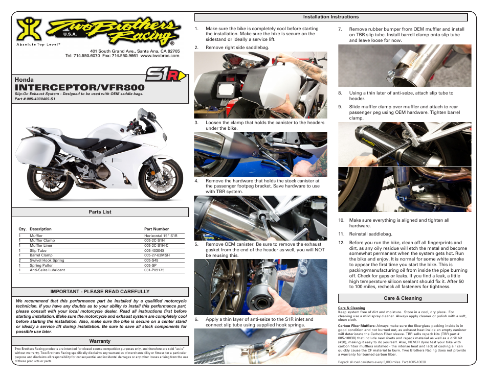 Two Brothers Racing Honda VFR800/Interceptor User Manual | 1 page