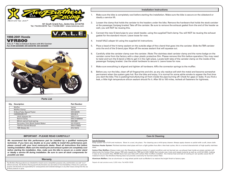 Two Brothers Racing Honda VFR800 User Manual | 1 page