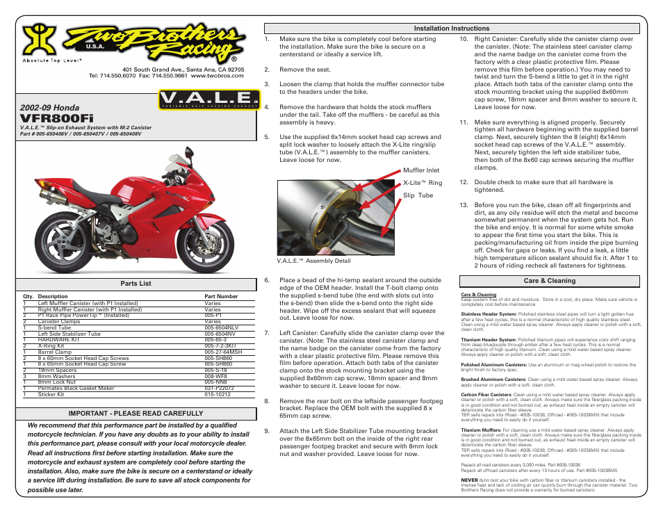 Two Brothers Racing Honda VFR800Fi User Manual | 2 pages