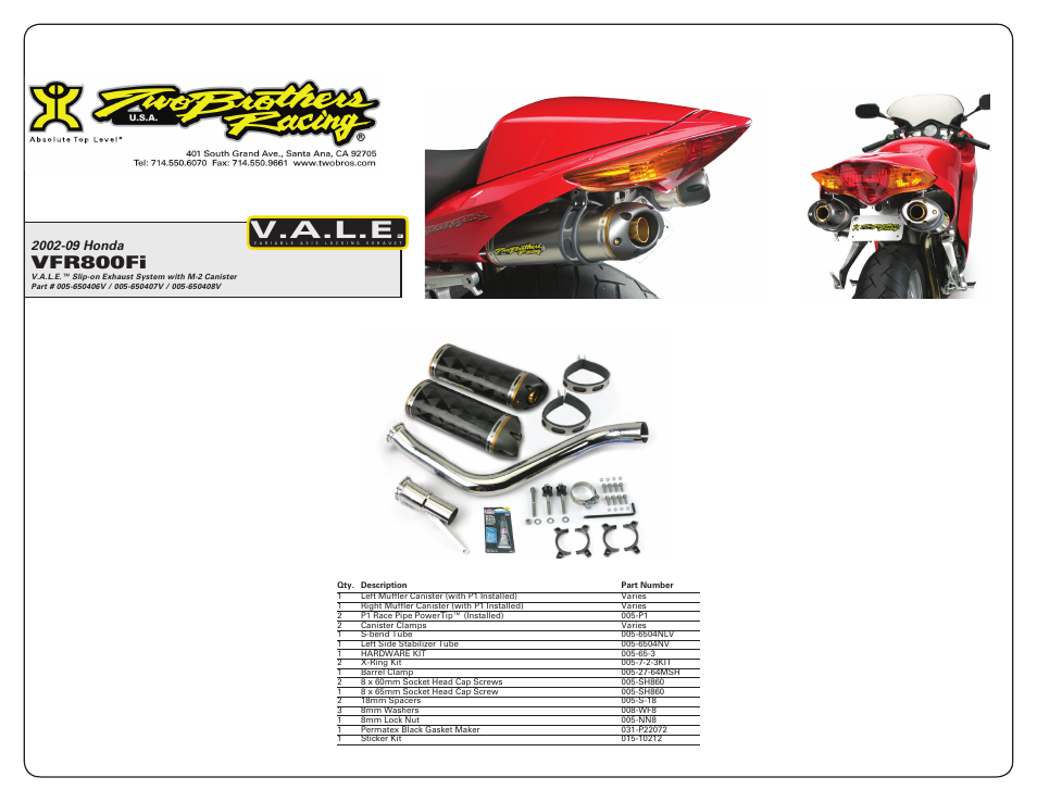 V.a.l.e, Vfr800fi | Two Brothers Racing Honda VFR800Fi User Manual | Page 2 / 2