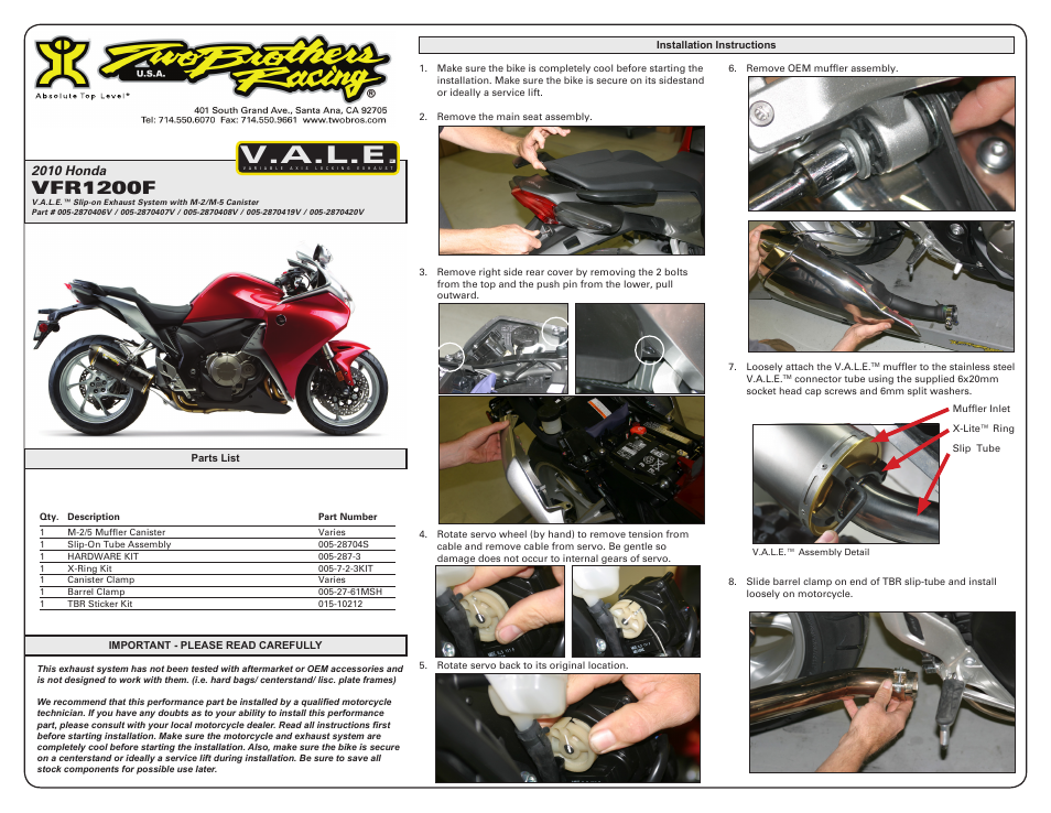 Two Brothers Racing Honda VFR1200F User Manual | 2 pages