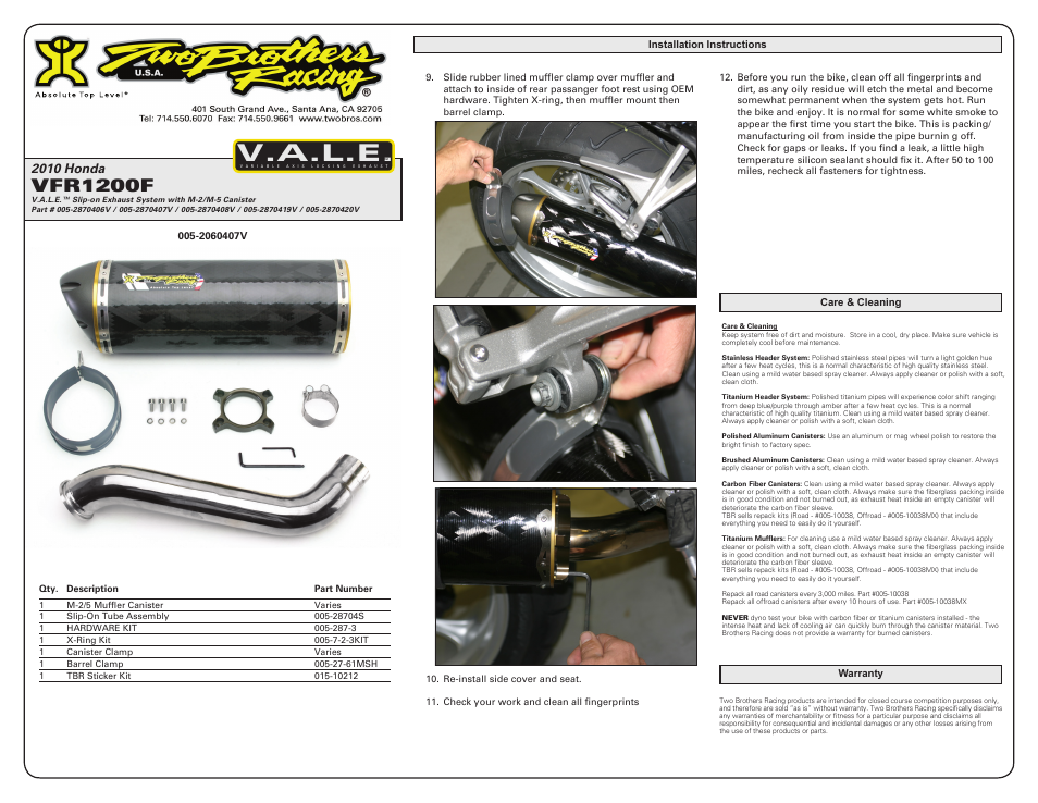 V.a.l.e, Vfr1200f, 2010 honda | Two Brothers Racing Honda VFR1200F User Manual | Page 2 / 2